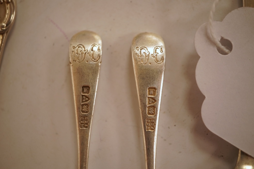 A small quantity of assorted mainly 19th century and later small flatware including teaspoons, coffee spoons and condiment spoons, various dates and makers, a Dutch? white metal spoon and a Victorian silver christening t